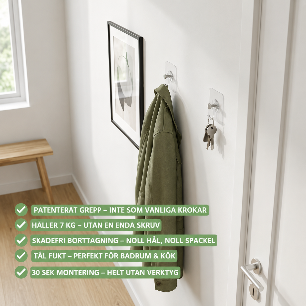 ClearMount™ – Väggkrokar med patenterat grepp – inga hål, inga märken