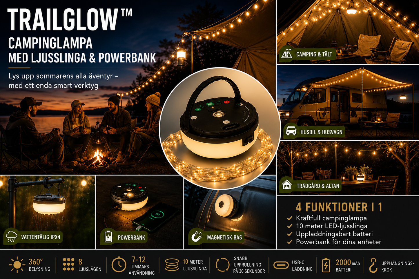 TrailGlow™ – Uppladdningsbar Campinglampa med Ljusslinga &amp; Powerbank