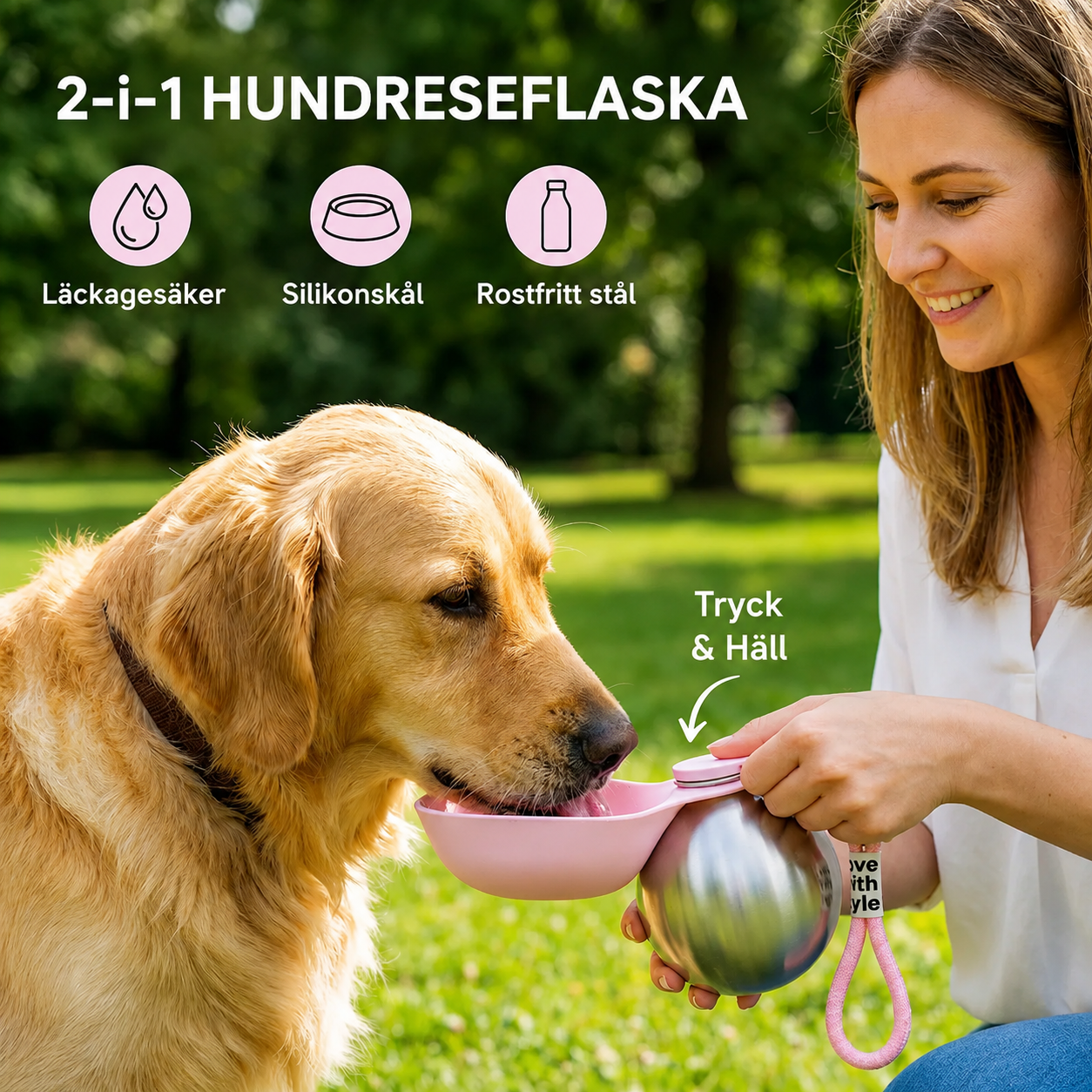 AquaOrb™ - 2-i-1 Resedrickflaska för hundar – Läckagesäker rostfri vattenflaska med silikonmatskål