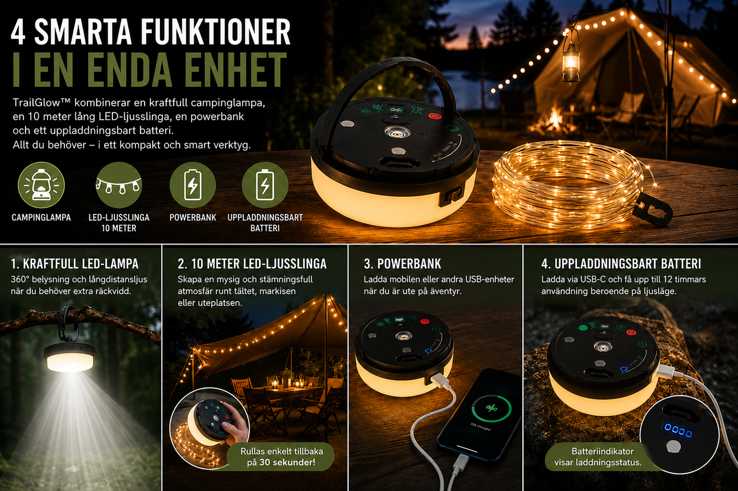 TrailGlow™ – Uppladdningsbar Campinglampa med Ljusslinga &amp; Powerbank