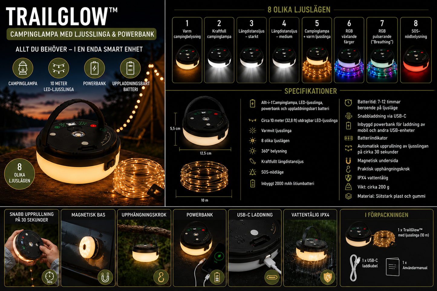 TrailGlow™ – Uppladdningsbar Campinglampa med Ljusslinga &amp; Powerbank