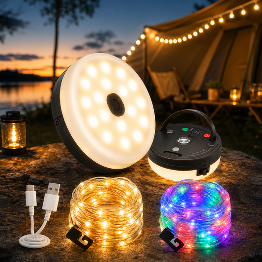 TrailGlow™ – Uppladdningsbar Campinglampa med Ljusslinga &amp; Powerbank