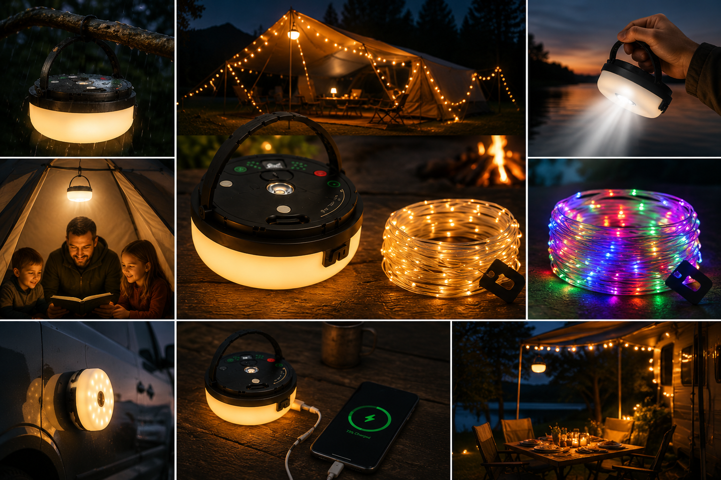 TrailGlow™ – Uppladdningsbar Campinglampa med Ljusslinga &amp; Powerbank