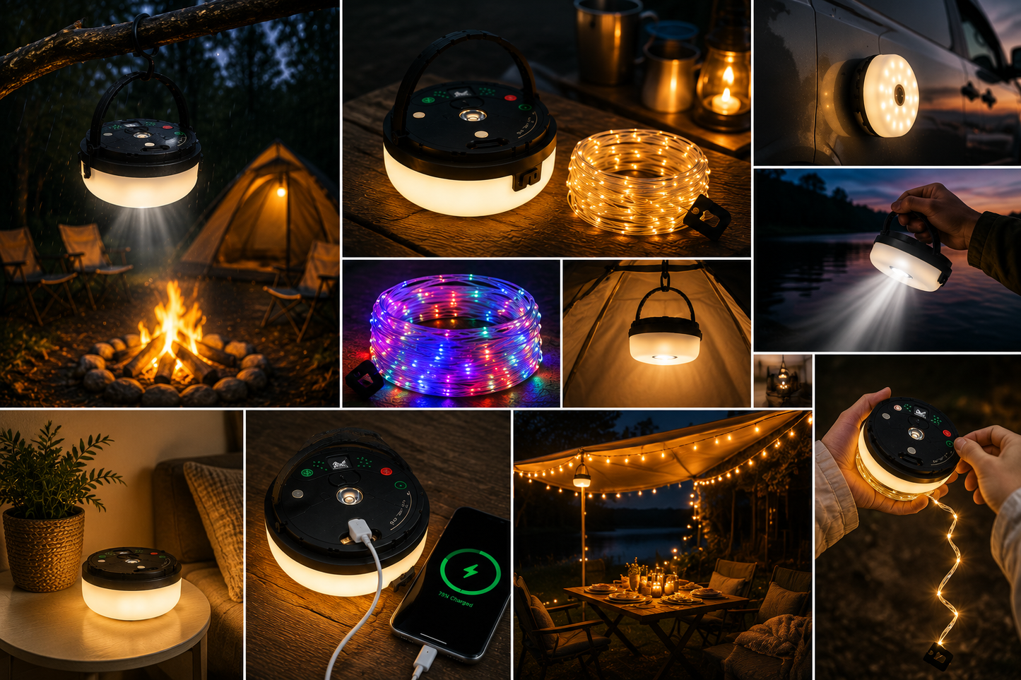 TrailGlow™ – Uppladdningsbar Campinglampa med Ljusslinga &amp; Powerbank